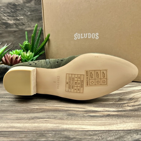 NIB Soludos Lola Perforated Pointed Toe Heeled Ankle Bootie Boots Olive Suede 8M - Picture 9 of 14